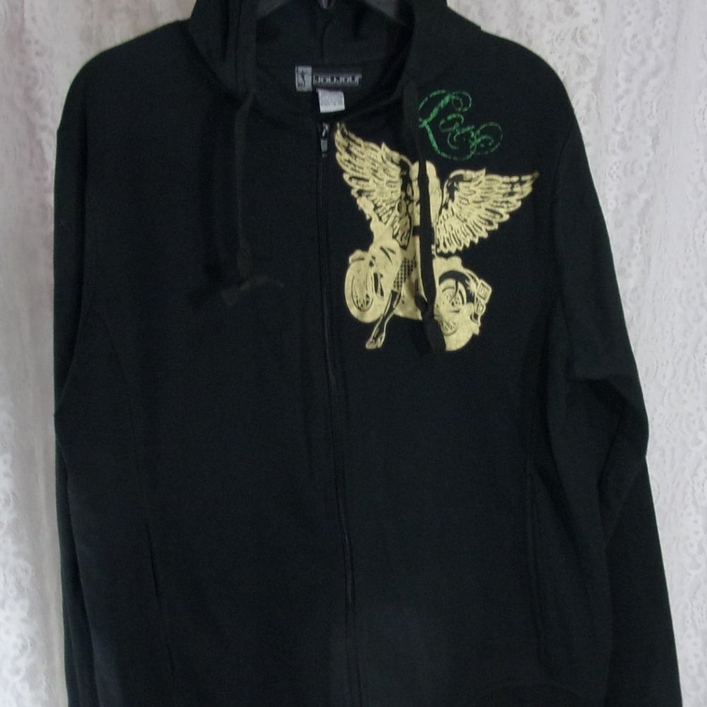 JuJu Black Hoodie with Gold Metallic American Angel Motorcycle NWOT